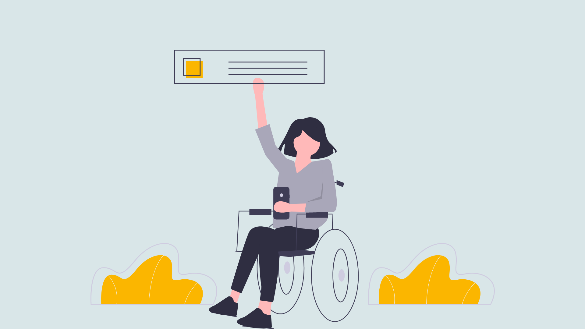 Illustration von einer Person mit Handy in der Hand und im Rollstruhl