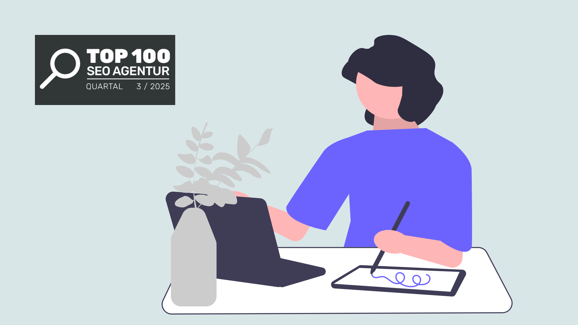 Illustration einer Frau am Tisch vor einem Laptop und iPad