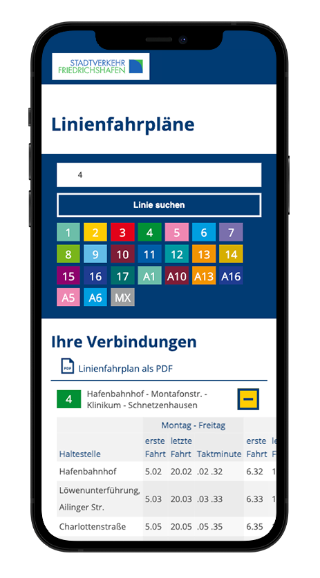 Smartphone Mockup der Website von Stadtverkehr Friedrichshafen